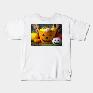 Halloween Bucket And Pumpkin Still Life Kids T-Shirt